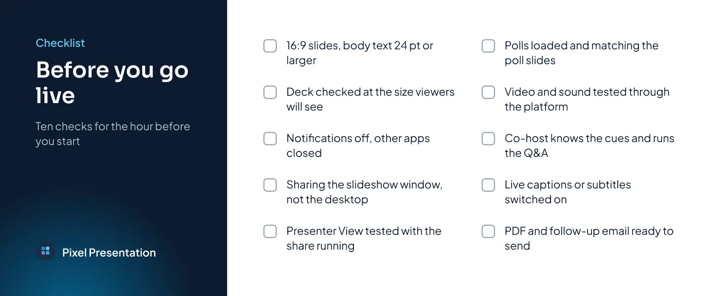 A checklist card titled Before you go live, with ten checks covering type size, viewer-size testing, notifications, window sharing, Presenter View, polls, video and sound, the co-host, captions and the follow-up