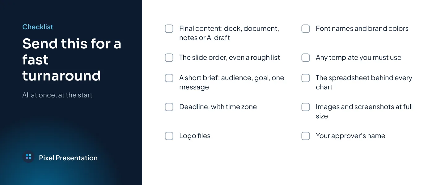 A checklist card titled Send this for a fast turnaround, with ten items: final content, slide order, a short brief, deadline with time zone, logo files, fonts and brand colors, any required template, chart data, full-size images and the approver's name