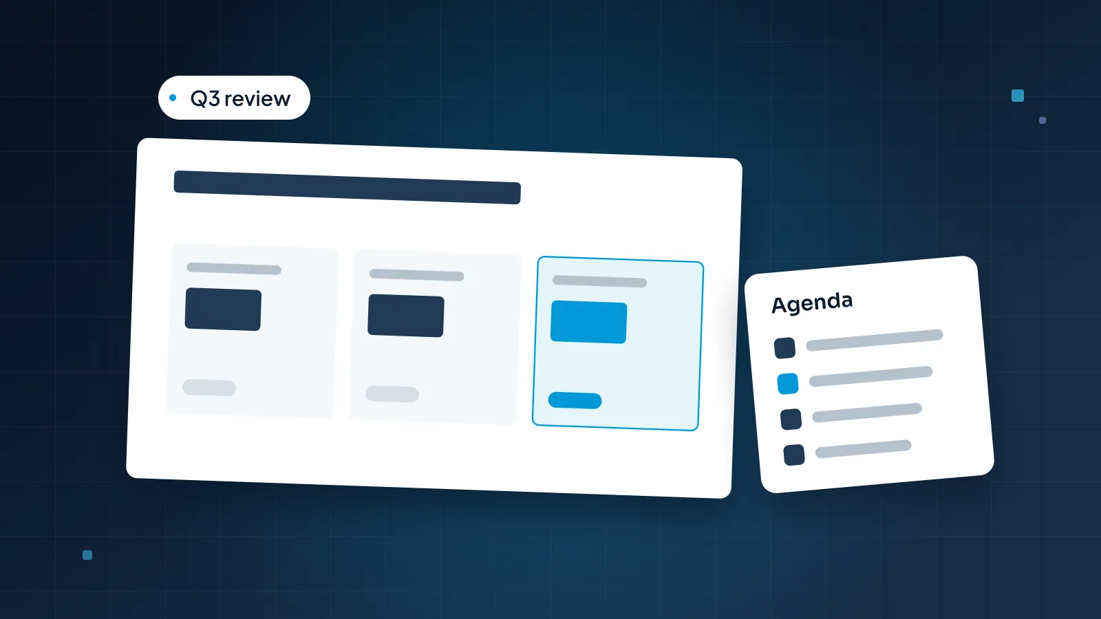 A dashboard-style QBR slide with three KPI tiles and a small agenda card beside it, on a navy background