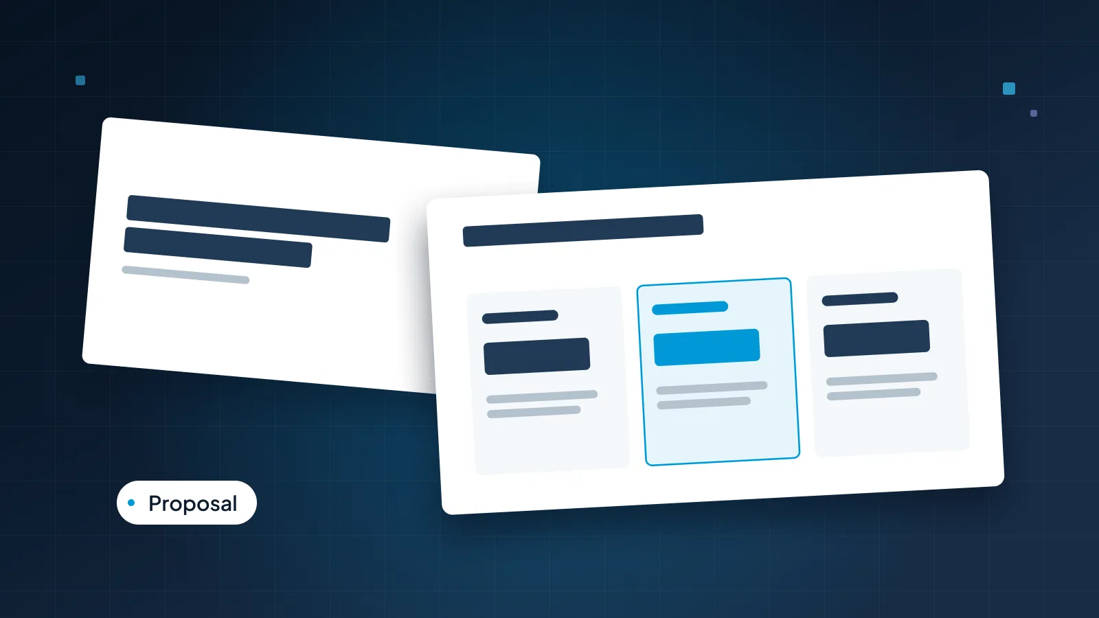A proposal title slide and a pricing slide with three option cards, side by side on a navy background