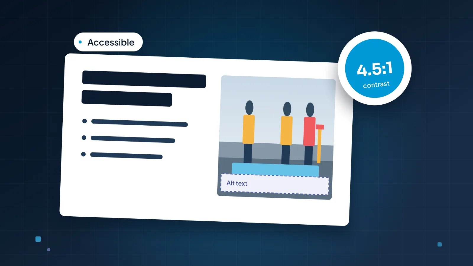 A slide card with a contrast-ratio badge and an alt-text label tag beside it, on a navy background