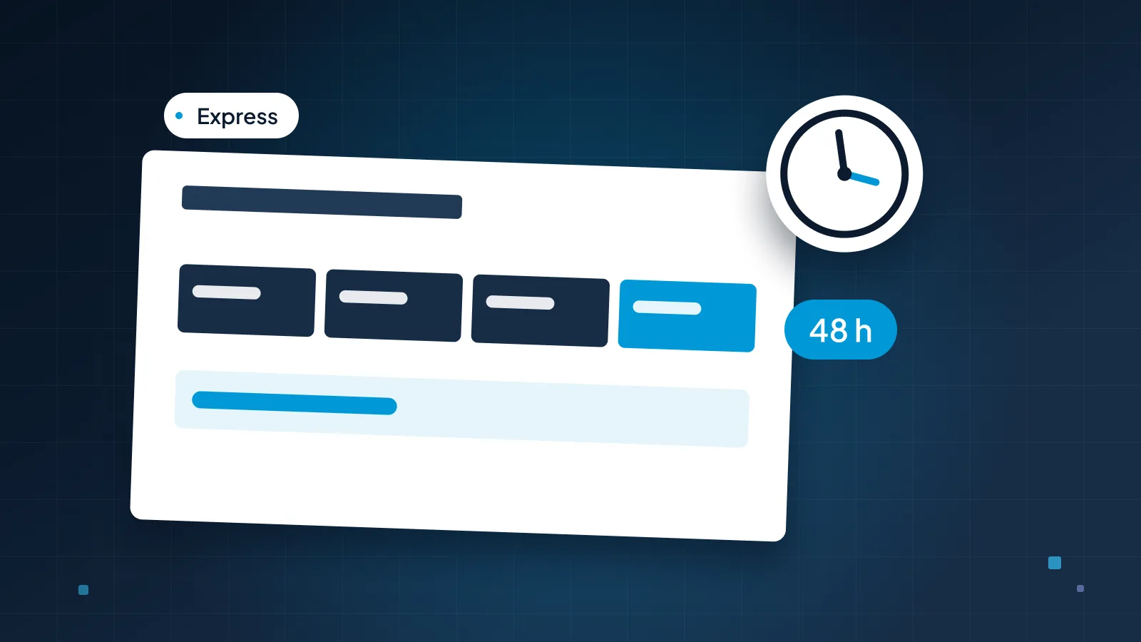 A slide card with a small clock badge and a 48 h pill on a navy background