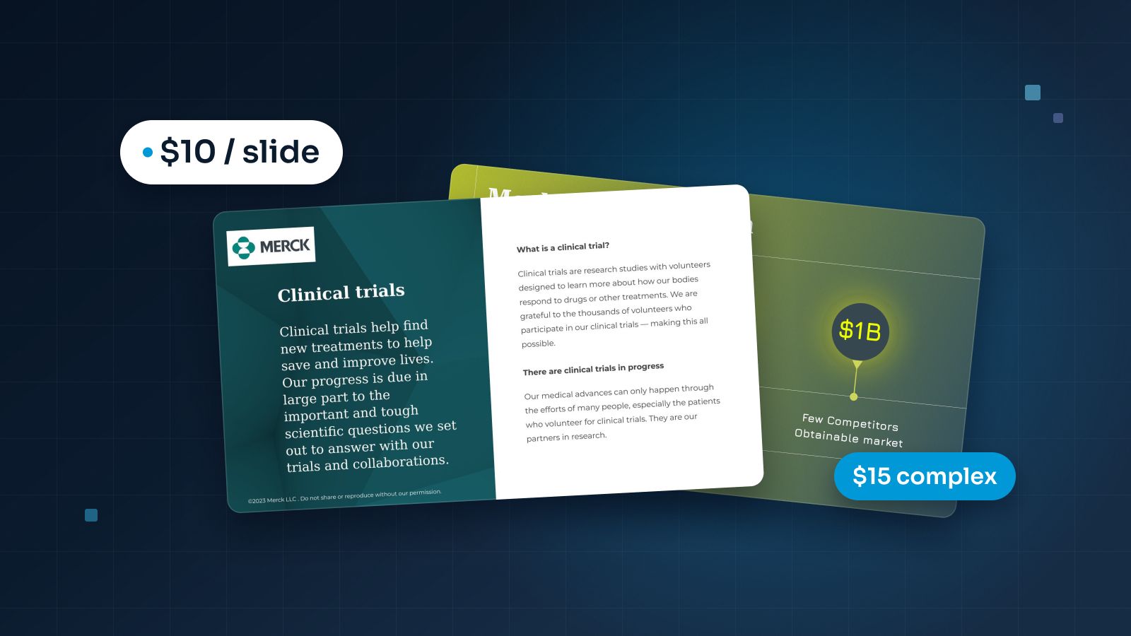Three presentation slides of rising complexity, from a plain title slide to a detailed chart slide, set in a row on a deep navy background