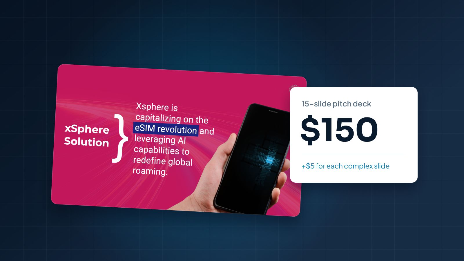 A pitch deck cover slide with four inner slides fanned out behind it like playing cards on a deep navy background