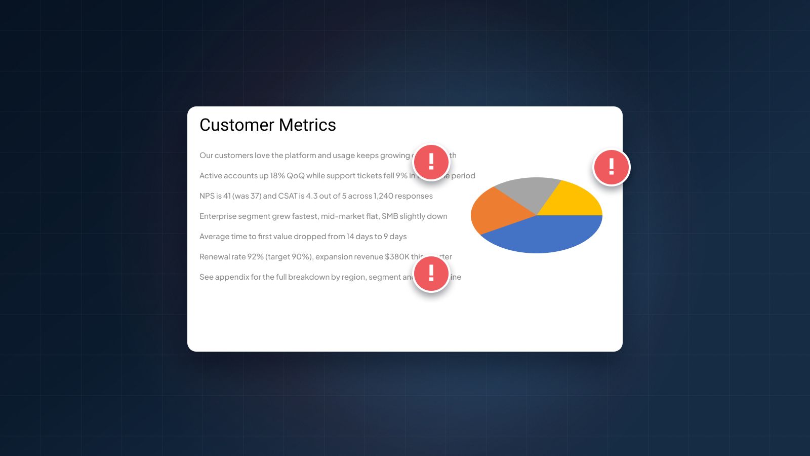 A crowded slide and a clean slide side by side on a dark navy background, the crowded one faded into the background