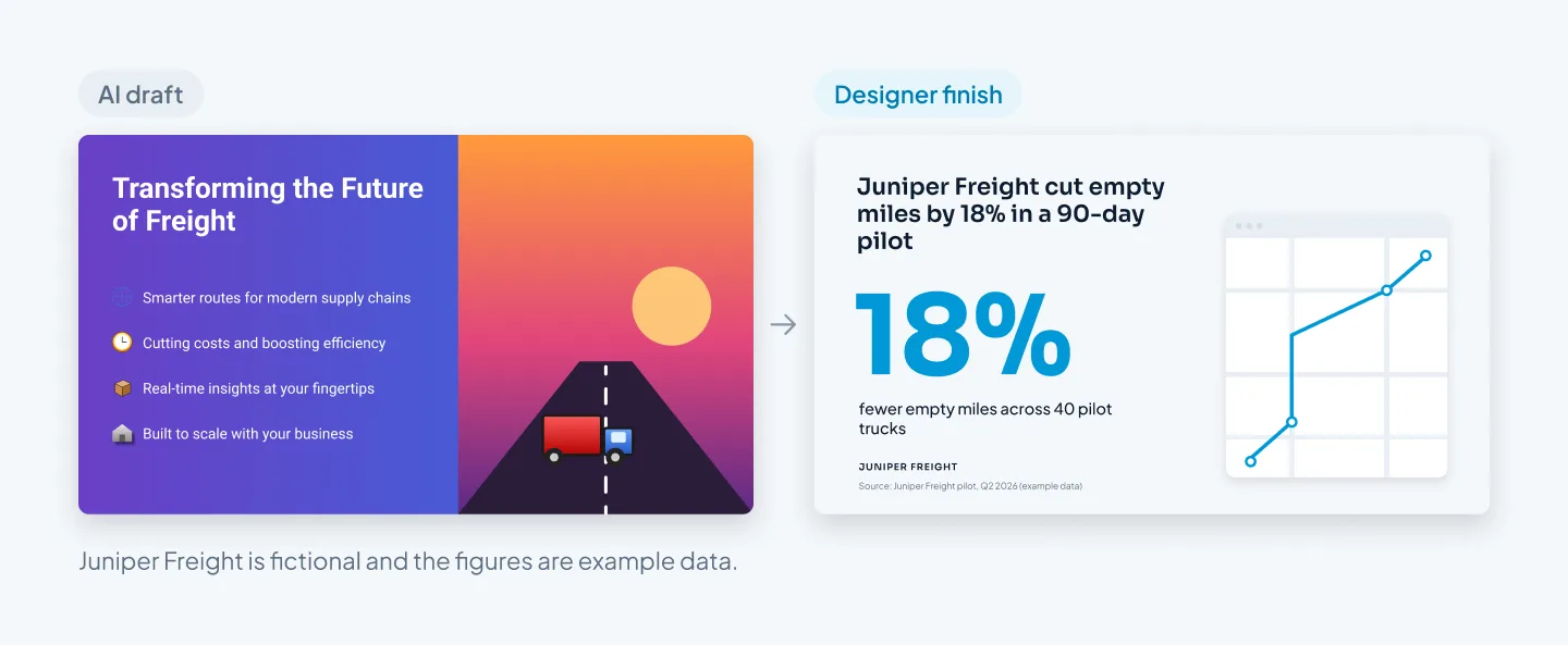 Left: an AI-drafted slide with a vague title, four generic bullets, icons and a stock photo of a truck. Right: the designer-finished slide with a one-sentence claim as the title and a single large number