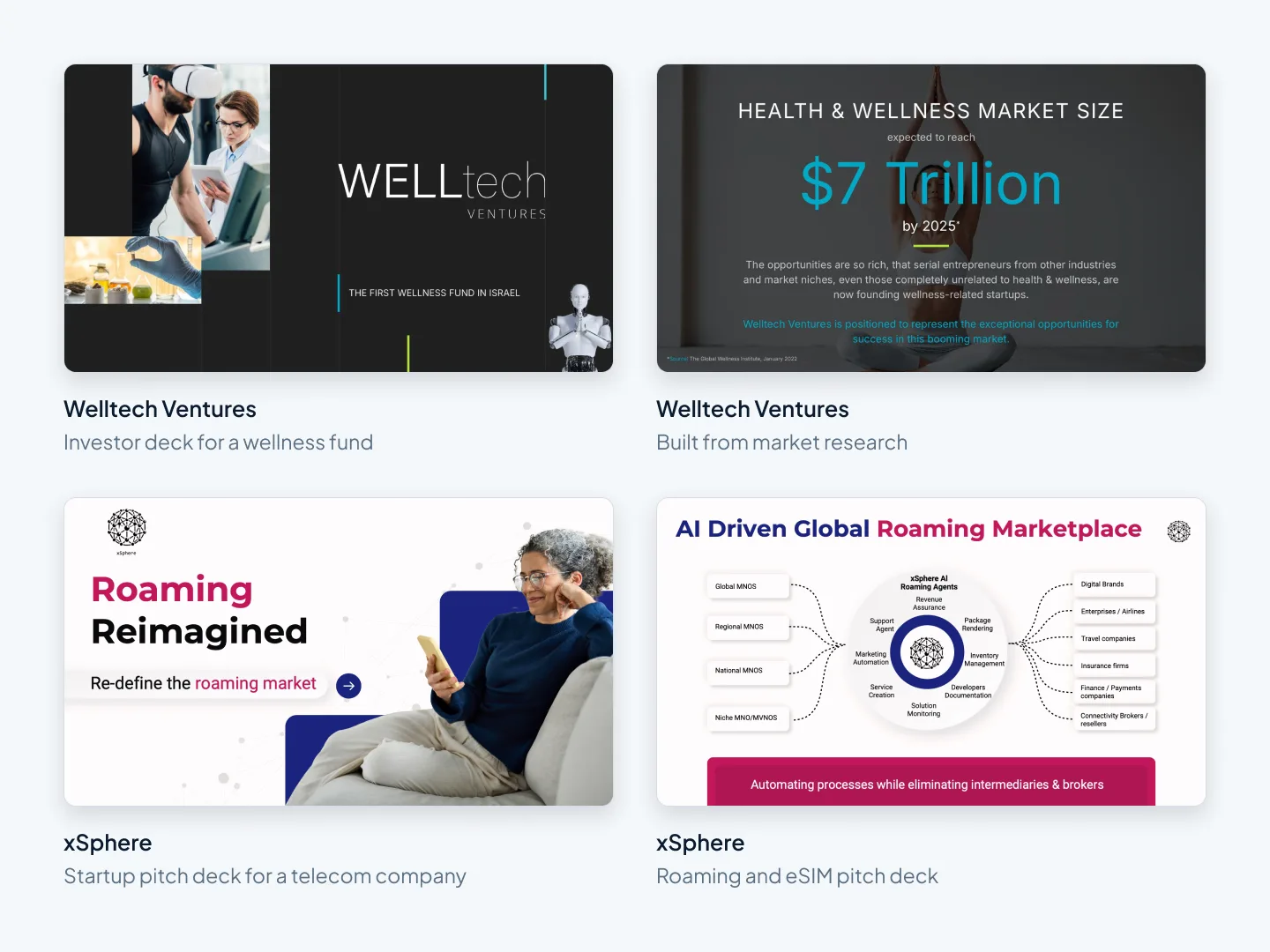 Four slides from designer-finished pitch decks for Welltech Ventures and xSphere
