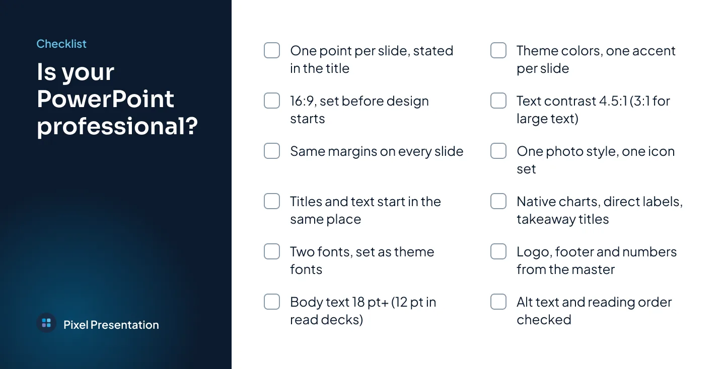 A checklist card titled Is your PowerPoint professional, with twelve short checks covering slide titles, margins, fonts, color, contrast, images, charts and the slide master