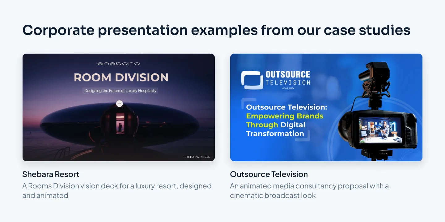 Two slides from Pixel Presentation case studies: one from a luxury resort's vision deck and one from a media consultancy proposal
